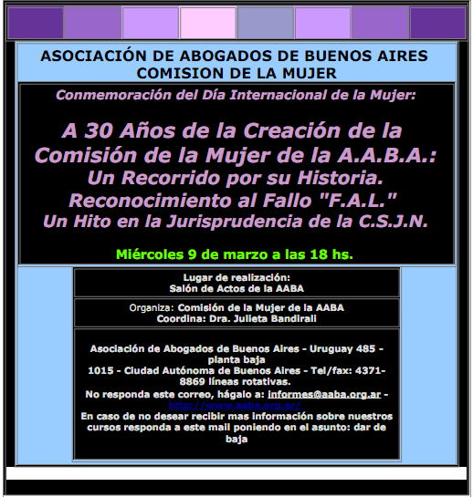 LA COMISIÓN DE LA MUJER DE LA ASOCIACIÓN DE ABOGADOS DE BUENOS AIRES (A.A.B.A.) INVITA A LA CONMEMORACIÓN DEL DÍA INTERNACIONAL DE LA MUJER