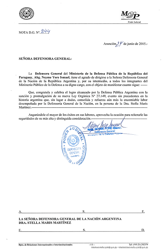 LA DEFENSORA GENERAL DE LA REPÚBLICA DEL PARAGUAY CELEBRA LA SANCIÓN Y PROMULGACIÓN DE LA NUEVA LEY ORGÁNICA DEL MINISTERIO PÚBLICO DE LA DEFENSA ARGENTINO